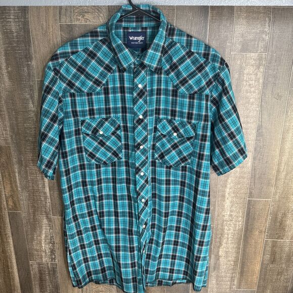 Wrangler Western Shirts Large Long Tall Plaid Pearl Snap Button Up‎ Short Sleeve - Picture 1 of 9